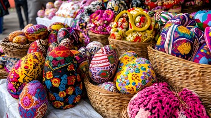 Colorful Decorative Handcrafted Eggs in Wicker Baskets at a Vibrant Artisan Market