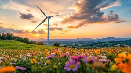 Serene Landscape with Wind Turbine and Colorful Wildflowers Under a Vibrant Sunset Sky Showcasing Renewable Energy and Natural Beauty