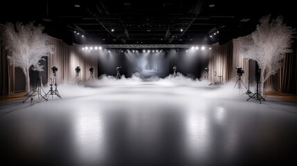 Empty large event space, fog machine, stage lighting, photo ops