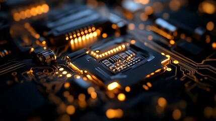Obraz premium Close-up of illuminated circuit board, showcasing intricate technological design and glowing components.