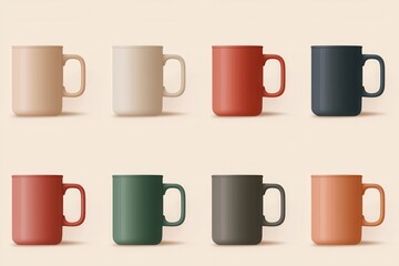Eight Colorful Mugs Coffee Cups Tea Cups Set of Mugs Diverse Colors Studio Shot Mockup