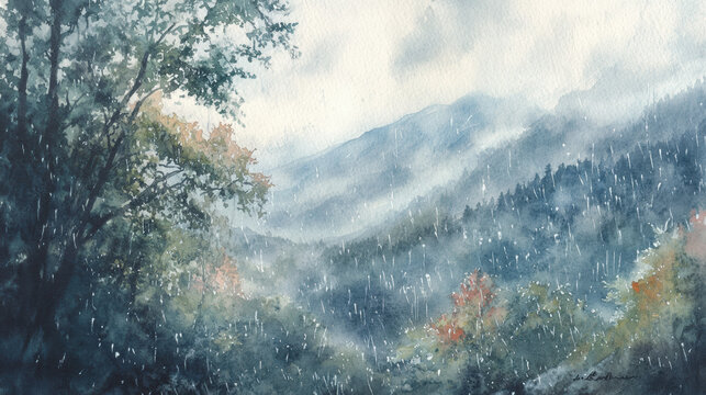 Watercolor painting of a misty mountain landscape with trees and falling rain