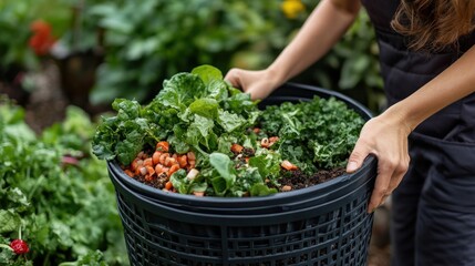 Gardening: Woman Harvesting Fresh Vegetables from Compost Bin