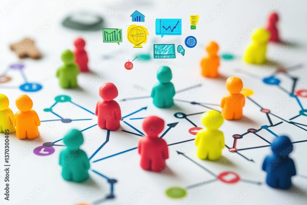 Poster networking connection: conceptual image of a network with colorful clay figures connected by lines, 