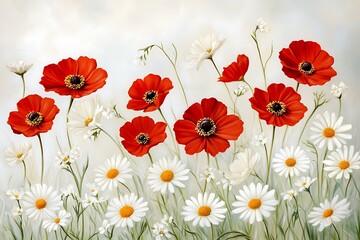 Fototapeta premium Vibrant field of colorful flowers under a bright blue sky creating a picturesque natural scene