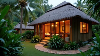 A tropical wooden cottage nestled within a lush jungle landscape