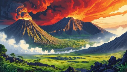 Erupting Volcano with Lava Flow and Fiery Sky