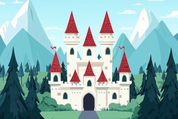 Fototapeta premium Majestic Fairytale Castle in Mountain Landscape Illustration
