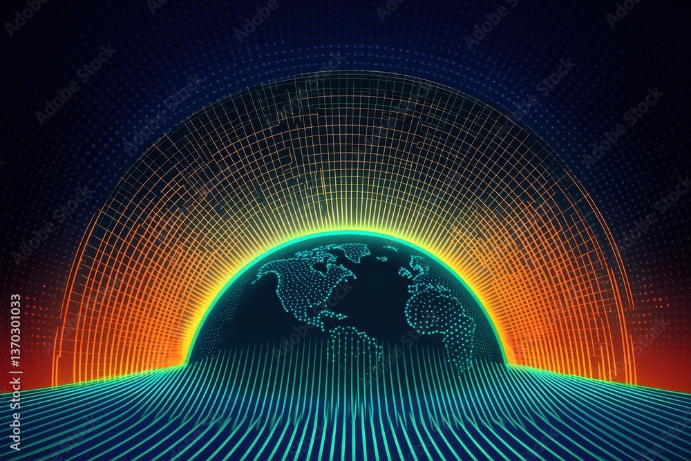 Poster global network connection futuristic earth globe with digital rays and lines