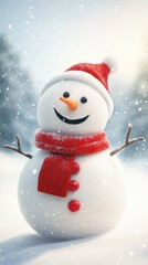 Fototapeta premium A cute snowman, wearing a red scarf, with a happy expression, set against a snowy background, phone wallpaper