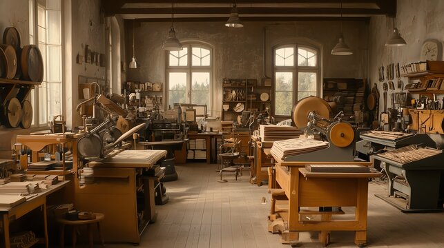 A vintage printing workshop bathed in warm sunlight.