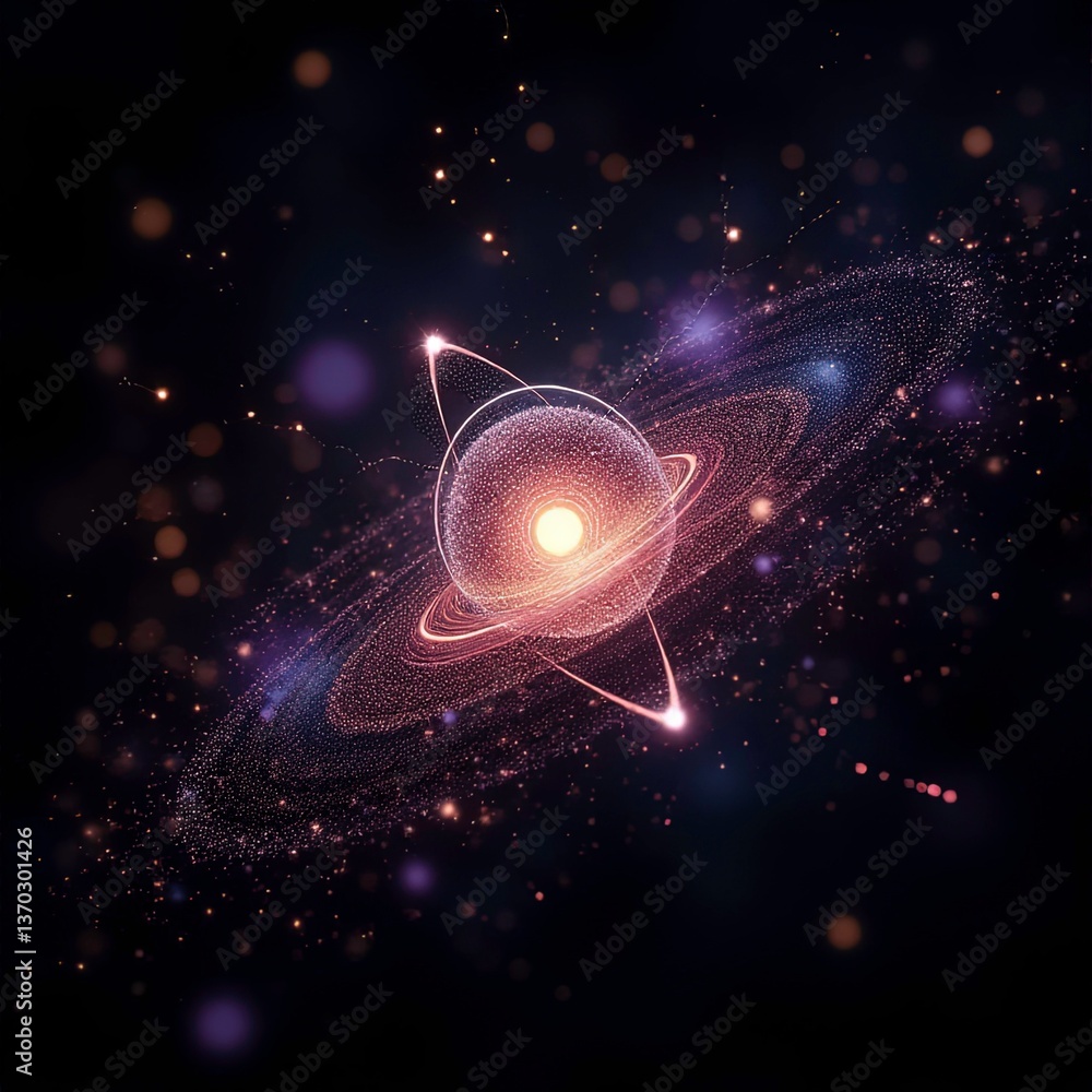 Poster atomic structure illuminated against a cosmic nebula background