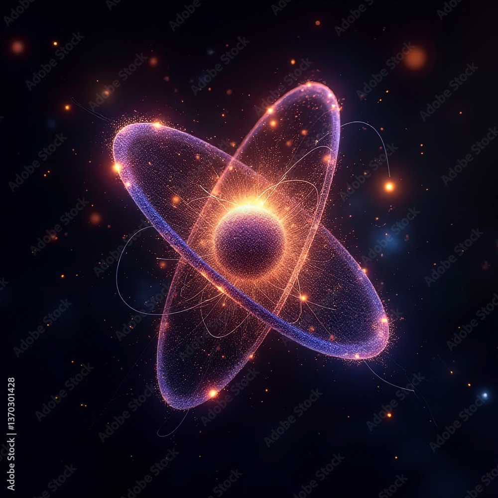 Poster atomic structure illuminated against a cosmic nebula background