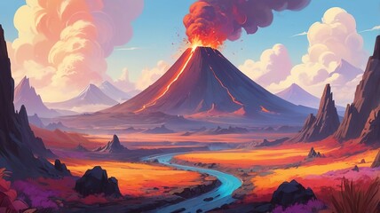 Erupting Volcano with Lava Flow and Fiery Sky