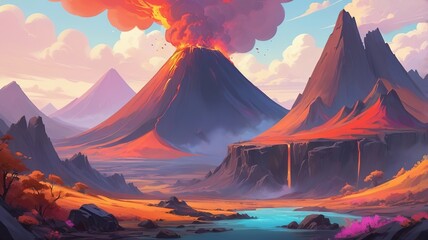 Erupting Volcano with Lava Flow and Fiery Sky