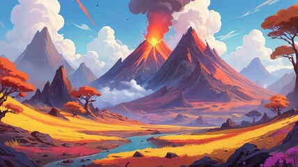 Erupting Volcano with Lava Flow and Fiery Sky