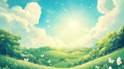 Obraz premium sunny landscape image with a light blue sky filled with fluffy white clouds, radiating sunbeams, and small white butterflies.