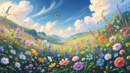 Colorful Floral Landscape with Butterflies in a Spring Meadow