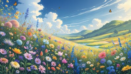 Colorful Floral Landscape with Butterflies in a Spring Meadow
