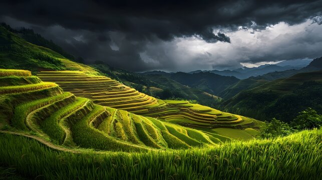 Rice terraces under a dramatic stormy sky, with dark clouds rolling in
