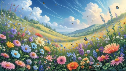 Colorful Floral Landscape with Butterflies in a Spring Meadow
