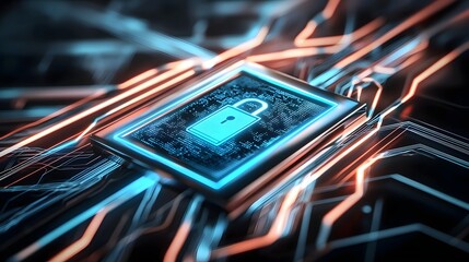 A futuristic digital security lock with a holographic interface and a cyber matrix background symbolizing advanced endpoint protection against unauthorized access