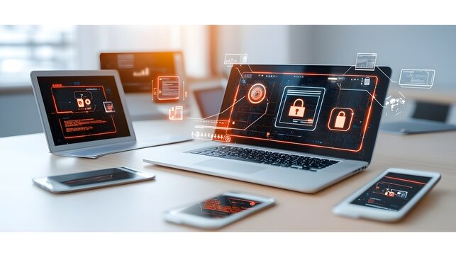 Advanced cybersecurity shield safeguarding multiple digital devices and ensuring robust endpoint security through sophisticated AI driven defense systems - Powered by Adobe