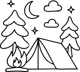 Camping scene with tent, campfire, trees, and night sky featuring clouds and crescent moon, evoking sense of adventure