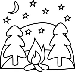 Fototapeta premium cozy campfire scene surrounded by tall trees under starry night sky, evoking sense of tranquility and adventure