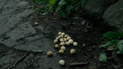 Cluster of Small Mushrooms Growing on the Ground Alongside a Stone Path in a Forested Area