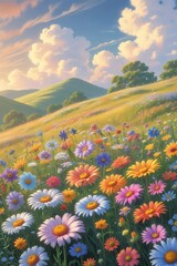 Vibrant Flower Field Under a Bright Sky with Butterflies