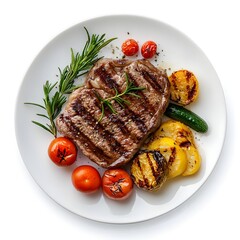 Grilled Steak with Cherry Tomatoes and Zucchini Served on White Plate with Rosemary Garnish