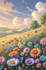 Vibrant Flower Field Under a Bright Sky with Butterflies