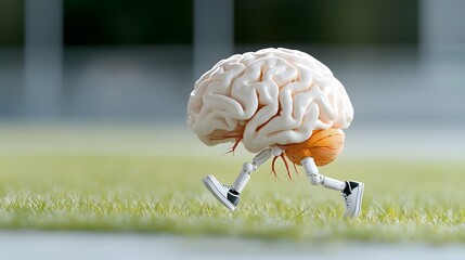 A vibrant highly detailed of an anthropomorphic brain with athletic legs running energetically across a lush grassy landscape conveying a sense of joy creativity and intellectual potential