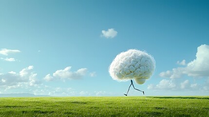 Whimsical of an anthropomorphic brain figure with athletic legs cheerfully running through a vibrant grassy field under a blue sky with fluffy clouds