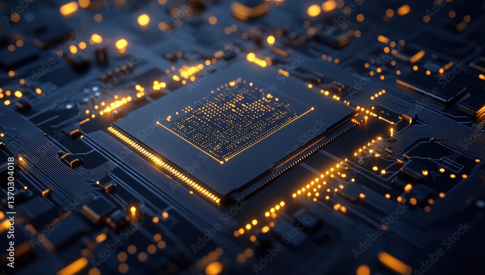 Aufkleber high-tech cpu on circuit board with glowing details