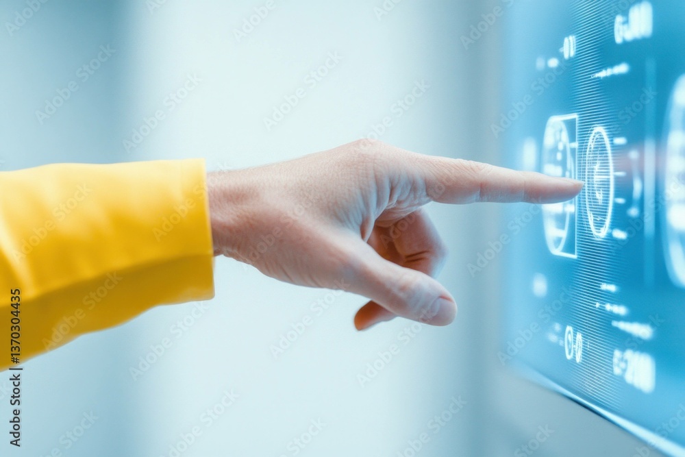Poster human finger touching a digital screen interface, showcasing technology interaction with futuristic 