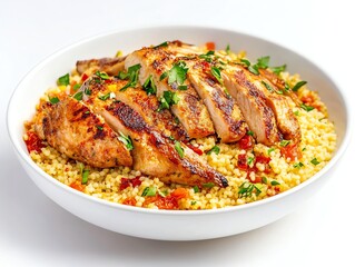 Fototapeta premium Grilled Chicken Breast Slices Over Couscous with Herbs and Tomatoes in Bowl