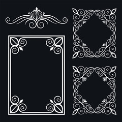Set of vintage floral decorative vector frames with ornate designs in black and gold for invitations and decor.