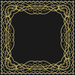 Golden square vintage frame on black background. Graceful arabesques and border. Version 16. Vector illustration