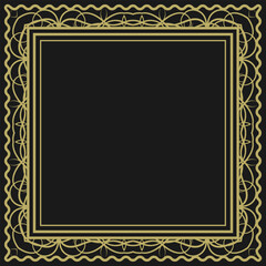 Golden square vintage frame on black background. Graceful arabesques and border. Version 17. Vector illustration