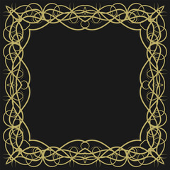 Golden square vintage frame on black background. Graceful arabesques and border. Version 15. Vector illustration