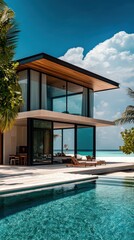 Fototapeta premium Tropical modern villa with infinity pool overlooking the turquoise ocean