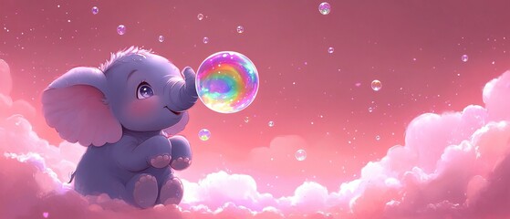 A Tiny Elephant Blowing Rainbow Bubbles, Floating in the Air, Cute and Dreamy with a Magical Glow