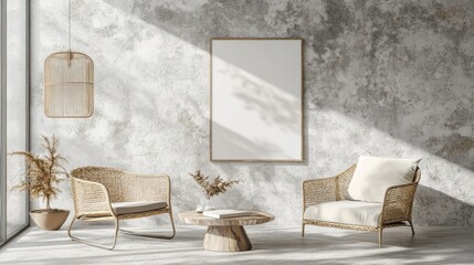 Bright modern living room with wicker chairs and empty frame
