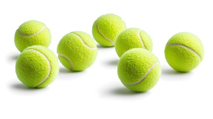 Six vibrant green tennis balls captured in mid air bouncing and moving across a clean white background with soft shadows