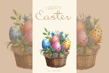 Smiling bunny holding a big Easter egg with flowers and lettering.