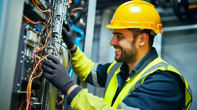 Telecommunication Engineer at Work: A smiling male telecommunication engineer in a yellow hard hat and safety jacket confidently works on a telecommunication device