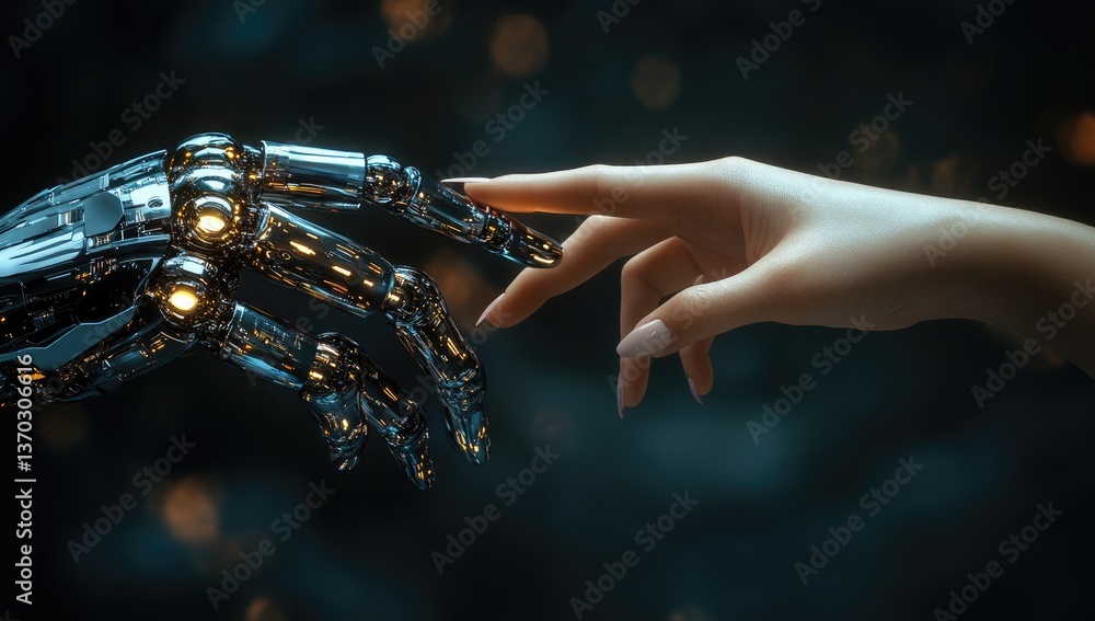 Poster human hand reaching to touch mechanical robot hand close up on dark background with bokeh