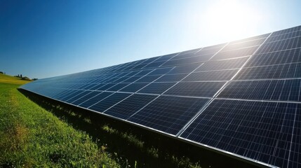 Solar Panels Installed on a Green Grass Field Under a Clear Blue Sky with Bright Sunlight, Representing Renewable Energy and Sustainable Living Practices in Nature
